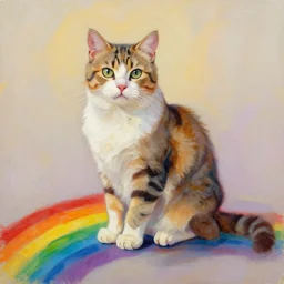 palette knife oil painting of a cat sitting on a rainbow