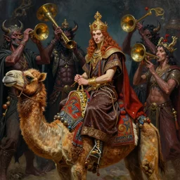 an intimate oil painting of king paimon riding on the back of a camel, effeminate face, in the background is a host of demons playing trumpets, cymbals, and musical instruments, art by boris vallejo and julie bell, intricate, ornate, dark fantasy, hyperrealist, dramatic, cinematic, rich moody colors, vibrant, trending on arstation, artgem, awe