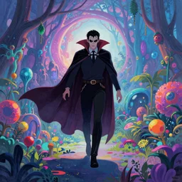 Vampire traveling through a beautiful psychedelic world, illustrated by Krenz Cushart, masterpiece, vibrant colors, trending on artstation