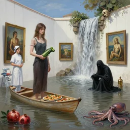 realistic painting of a flooded spanish art gallery in marbella beach - side, death, a tall emo girl, holding a courgette, tapas, paintings on walls, surgical equipment and nurse, canoe, pomegranates, floodwaters, squid ink, the grim reaper, waterfall from the wall, octopus, sensual, puddles, zen, surrealist, by magritte and monet