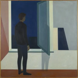 A painting of person standing next to a window, abstract painting in the style of Sophie Taeuber-Arp and Gary Hume and Tatsuro Kiuchi, flat colour-block style, geometric abstraction, deep colours