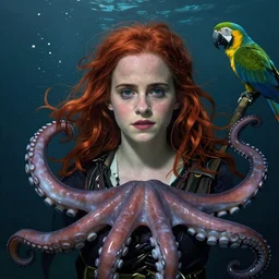 underwater pirate portrait of emma watson, red hair, octopus, parrot, hyper detailed, digital art, cinematic lighting, studio quality, smooth render, unreal engine 5, octane rendered, art style by klimt and nixeu and ian sprigger and wlop and krenz cushart.