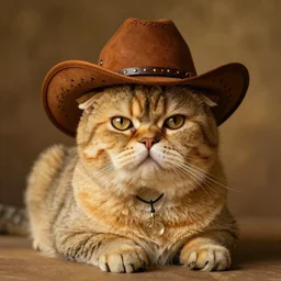 Chubby Scottish fold cat wearing a cowboy hat portrait, atmospheric lighting, painted, golden ratio, golden hour, intricate, highly detailed by Rembrandt