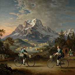Distant mountains lights photo, Two people riding bicycles，hyperdetailed, hyper realistic, octane,  detailed , interior, hyperfocal 8k ,  in the style of Frangois Boucher