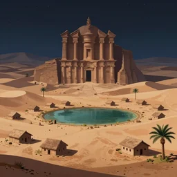 Desert City, Small houses, large temples, a small oasis, a small palm trees; night; illustration, Artstation, Pixiv,