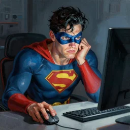 a insanely detailed painting of a masked superhero wearing a costume, staring at the computer nervously and clicking on the mouse!!!, in the style of peter mohrbacher, dramatic lighting and composition, trending on artstation, concept art, comic book