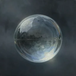By Tom Bagshaw, ultra realist soft painting render of a centered floating transparent glass sphere, reflection and refraction, symmetry accurate features, very intricate details, deep fog, dark fantasy background, artstation