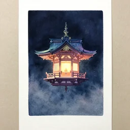 centered on watercolor paper, paint brush strokes, watercolor painting of a hovering miniature shrine, holy, iridescent and ethereal at night, oriental, cinematic light, in the style of noriyoshi ohrai