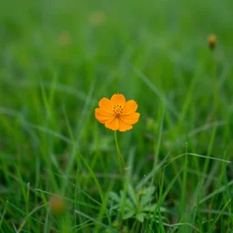 a small orange flower sitting on top of a lush green field, a macro photograph by ulrika pasch, featured on flickr, ecological art, macro photography, shallow depth of field