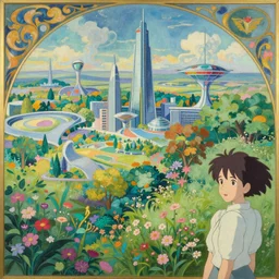 A beautiful landscape painting of the future by Alfons Maria Mucha and Julie Dillon and Makoto Shinkai, with flowers and trees, skyscrapers and futuristic buildings