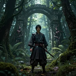 a mirrored portrait of a legendary samurai in a mystical overgrown haunted ancient crypt with a gateway to hell in a beautiful forest rays of light 4k digital art unreal engine trending on artstation