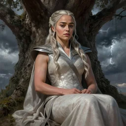 Emilia Clarke as Daenerys Targaryen taking a rest under tree after an long adventure, a ruggedly muscled handsome heroine, intricate, elegant, highly detailed, centered, digital painting, artstation, concept art, smooth, sharp focus, illustration, artgerm, donato giancola, Joseph Christian Leyendecker, WLOP, Artgerm, thunder storm
