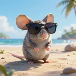 mouse wearing sunglasses, on the beach, sunny lighting, 3 d render