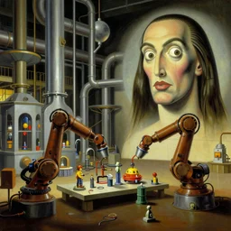 a futuristic factory with pipes and robotic machinery make toys, in the style of salvador dahli, painting,