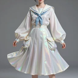 designer anime stylized figure haute couture collection light textiles, holographic tones, body fitted dart manipulation, loose coat collar sailor uniform, midi skirt, coated pleats, synthetic curves striking pose, stylized dynamic folds, cute huge pockets, intriguing volume flutter, youthful, modeled by modern designer bust, expert composition, professional retouch, editorial photography