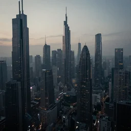 futuristic sci - fi cityscape at dusk, skyscrapers, neon signs, dense urban sprawl, dark, cool muted light, cool colors, robert mccall, greg rutkowski, h r giger