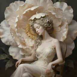 closeup, huge flowers as head, woman sitting on chair, deep focus, fantasy, intricate, elegant, highly detailed, digital painting, artstation, concept art, matte, sharp focus, illustration, art by artgerm and greg rutkowski