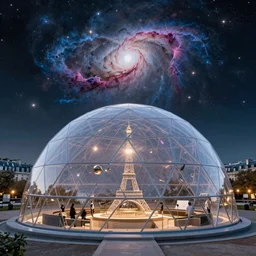 The city of Paris inside a huge geodesic dome that flies through a space nebula