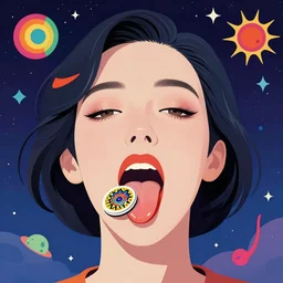 a colorful vibrant closeup portrait of a woman's head floating in space licking a tab of lsd acid on his tongue and dreaming psychedelic hallucinations, by kawase hasui, moebius, edward hopper and james gilleard, zdzislaw beksinski, steven outram colorful flat surreal design, hd, 8 k, artstation