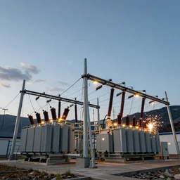 low angle shot a massive, complex electrical power station made of shiny metal, transformers, powerlines, insulators, volumetric lights, blue sky with clouds, late afternoon, mountains surround, sparks firing, wires glowing, 8 k, ultra realistic, photorealistic, maxwell render, arnold render, golden ratio