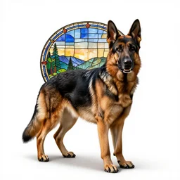 stained glass german shepherd, high detail photograph, full body, isolated on a pure white background, centered, entire subject in frame, sharp focus, soft studio lighting