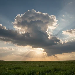 a beautiful picture of a turbulent cloud over an idyllic meadow, bright god rays breaking through, intricate detail, sunset, serene, hazy, volumetric lighting, volumetric clouds, 8 k, hyperrealistic, digital art trending on artstation