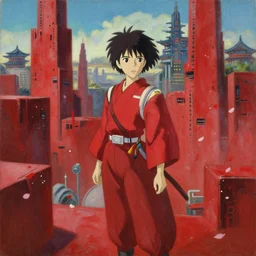 baroque oil painting of anime key visual concept art of a samurai girl, red futuristic concrete cityscapes, falling petals, background chinese futuristic city, trending on artstation, palette knife and brush strokes, oil on canvas, style of makoto shinkai greg rutkowski studio ghibli
