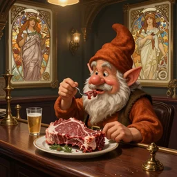 dwarf eating a big meat at the bar, d & d, fantasy, intricate, elegant, highly detailed, digital painting, artstation, concept art, matte, sharp focus, illustration, hearthstone, art by artgerm, art by greg rutkowski, art by alphonse mucha