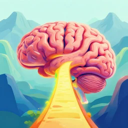 mind exploration, vivid abstract landscape, mountains in background, brain like structures, main path is visible and energetic
