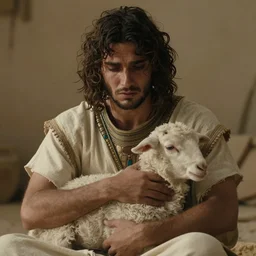 cinematic still of man in ancient Canaanite clothing cradling a lamb, sad, anguished, somber, serious, directed by Terrence Malick