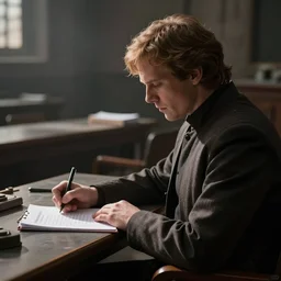 an imperial agent from star wars, sitting in the back of a college class, writing rigorous notes on the upcoming midterm test