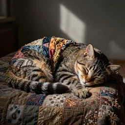 a sleeping cat made of patchwork fabrics