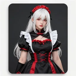 card art of a girl with white hair wearing a black and red maid dress, black and red maid dress, Cushart Krenz, very detailed, realistic face, detailed face, matte, tonemapping, bbwchan, perfection, 4K, Cushart Krenz