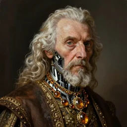 portrait headshot digital painting of a old 17th century old cyborg merchant amber jewels baroque ornate clothing scifi hyper realistic