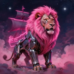 space, a mechanical lion with a pink neon mane, punk, hyperdetailed illustration, stars, pink, neon, oil painting, rich deep colors masterpiece, pirate neon ship, ultra detailed, contrast, heaven pink, clouds, volumetric light, atmospheric lighting, dramatic, cinematic, moody, octane render 4 k, 8 k