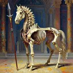 Very vibrant art. A spiked detailed horse skeleton with armored joints stands in a large throne room with halberd in hand. Massive shoulderplates. Extremely high details, realistic, fantasy art, solo, masterpiece, bones, ripped flesh, colorful art by Zdzisław Beksiński, Arthur Rackham, Dariusz Zawadzki, Harry Clarke
