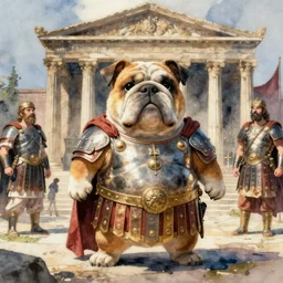 a realistic and atmospheric watercolour fantasy character concept art portrait of a fat adorable chibi bulldog roman soldier in a roman temple, by rebecca guay, michael kaluta, charles vess and jean moebius giraud