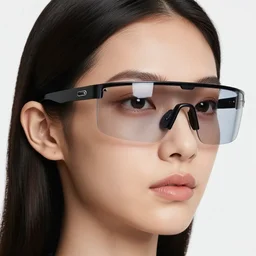 close-up 35mm photograph of a beautiful female model wearing futuristic glasses, special design, studio lighting