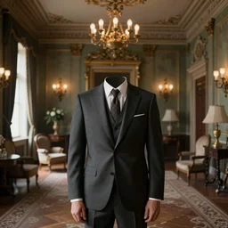 person without a head dressed in a suit staring at the camera, vintage mansion interior, fantasy concept art trending on artstation