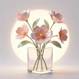 glossy big flowers in square vase, modern studio light soft colour, backlight leaves