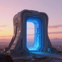 futuristic fantasy with chrono distortions and blue portal, at gentle dawn pink - yellow light, artstation, concept art, smooth, sharp focus, illustration
