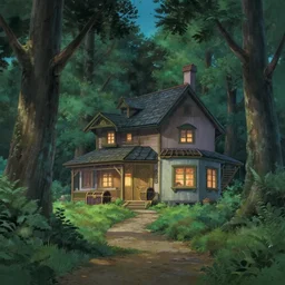 beautiful house on a forest path, beautiful ancient trees, hiding large treasure chest, serene evening atmosphere, soft lens, soft light, cel - shading, animation, in the style of cgsociety, deviantart, artstation, zbrush, cinema 4 d, studio ghibli, akihiko yoshida, atelier lulua, masamune shirow