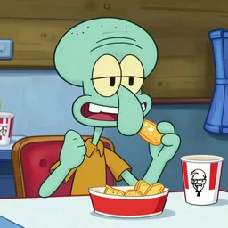 photograph of squidward eaing at a kfc