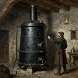 a man pointing to a huge black boiler placed in a dungeon, middle ages, oil painting
