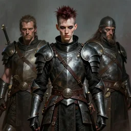 portrait of a skinny punk goth soldier wearing armor by simon bisley, john blance, frank frazetta, fantasy, barbarian