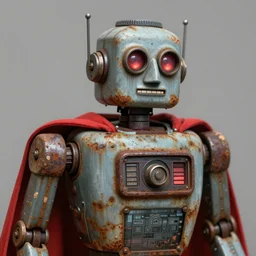 an old rusted robot with a red cape, real photo, close - up, highly detailed, digital painting, sharp focus