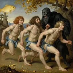 The portrait of three half-men half-fish running away with gold from Grim Reaper who laughs and follow them, by Hieronymus Bosch and Pieter Bruegel inspired by Terry Pratchett, super detailed oil painting, hyper realistic faces, 4k, masterpiece
