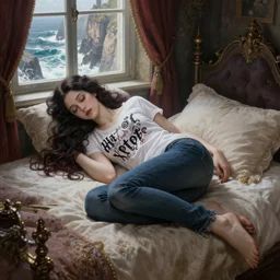 a hyperdetailed matte painting of yennefer as a goth princess asleep on a bed in a tower, t shirt and jeans from hot topic, sleeping princess!!!, window that overlooking cliffs and crashing waves in the background, highly detailed, deep focus, elegant, digital painting, sharp focus, ultra realistic, 8 k, art by greg rutkowski and rembrandt and alphonse mucha