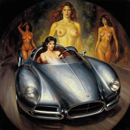 3 d fisheye, very low angle, wide angle, painting showing olivia munn driving exaggerated 1 9 3 0 s car with woman driving, shiny, aerodynamic, dramatic lighting, sultry, sensual, loish, vargas, elvgren, manara, mucha, moebius, greg rutkowski, wlop,