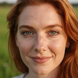 high detail, macro portrait photo, an beautiful woman with green eyes and red hair, smiles at the camera, set in a green open field of grass at golden hour, shot using a zeiss supreme prime lens